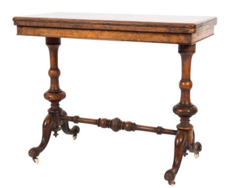 A Victorian burr walnut rectangular card table:, the quarter veneered and baize lined hinged top with rounded corners and a m