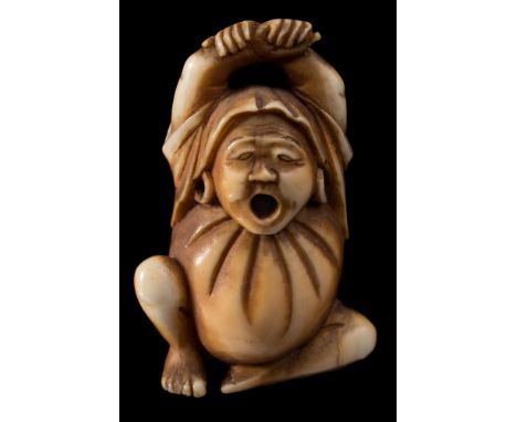 A Japanese carved ivory netsuke, signed Masatoshi: of Daruma yawning and stretching, his arms over his head, Meiji, 4 cm high