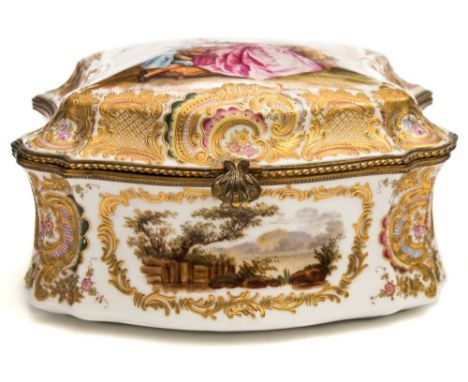 A German porcelain casket: of cartouche shape with gilt metal mounts, the cover painted with an artist presenting a portrait 