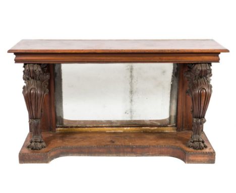 A Victorian mahogany rectangular console table:, with a plain moulded top on acanthus leaf carved cabriole front supports wit
