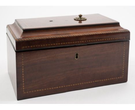 A George III mahogany and chequer strung tea caddy: of rectangular outline, the shallow domed hinged lid enclosing four lidde