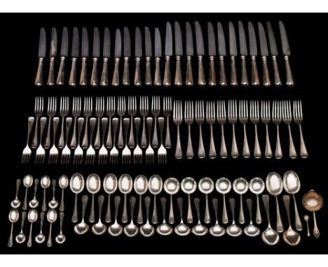 An Elizabeth II silver rat tail part flatware service, maker WW, Sheffield, 1992/93: includes four table spoons, eleven desse