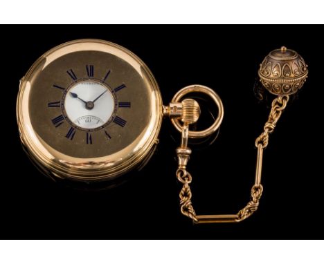Hugh Connell. A gentleman's 18ct gold keyless lever half-hunter pocket watch: the signed circular white enamel dial, 43mm dia