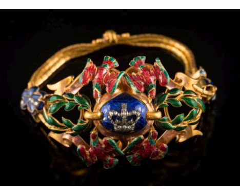 Of Royal interest. A Victorian enamelled gold and rose diamond bracelet: with a central rose diamond-set crown motif on a blu