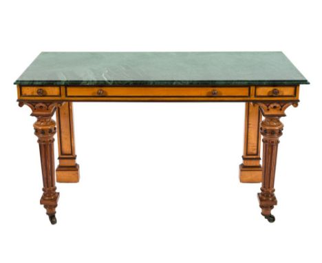 A Victorian satinwood rectangular console table:, with mahogany mouldings, surmounted by a panel of green variegated marble w