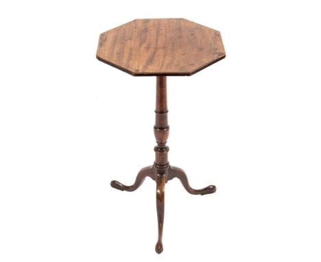 A George III mahogany and inlaid octagonal occasional table:, the top decorated with boxwood lines, on ring turned urn-knoppe