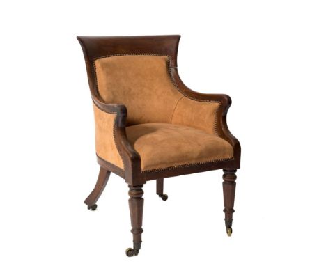 A William IV mahogany Bergere armchair:, with curved bar top rail, upholstered back, sides and seat in light brown suede, on 