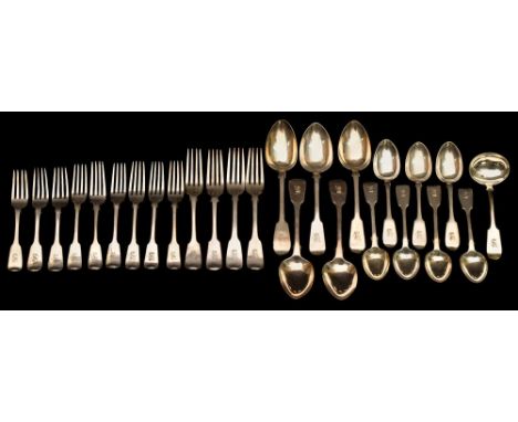 A silver fiddle pattern matched part flatware service, various makers and dates: crested, includes five tablespoons, seven de