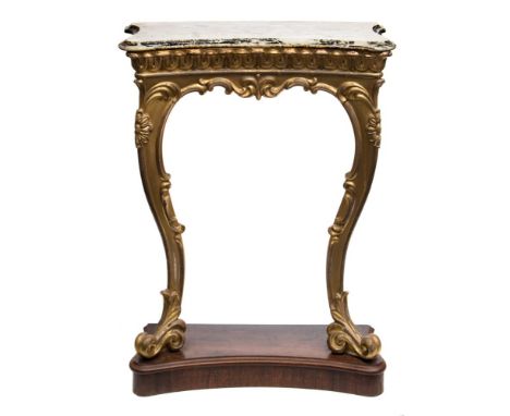 A 19th Century carved giltwood console table:, of concave fronted outline, surmounted by a panel of white marble with a mould