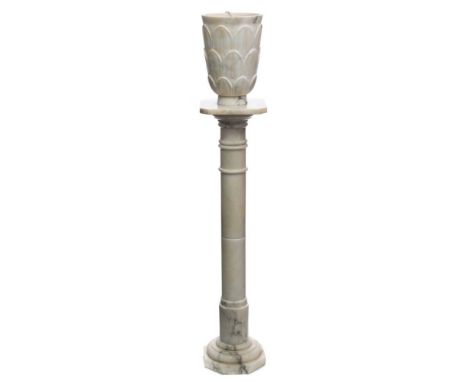 An alabaster and marble standard lamp: the acanthus decorated lamp raised on a plain ring turned column, mounted on a stepped