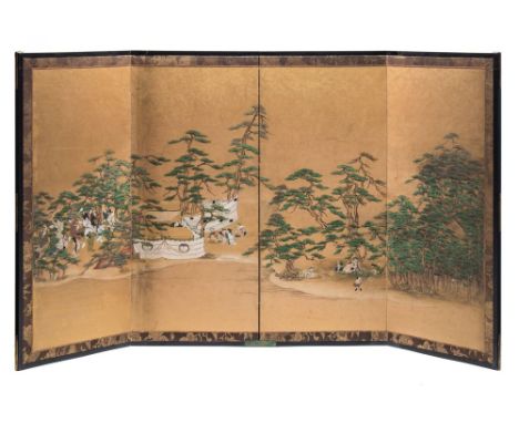An early 18th century Japanese four-fold screen: painted with a continuous beach scene with pine trees and figures merrymakin