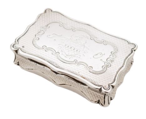 A Victorian silver snuff box, maker Edward Smith Birmingham, 1851: initialled, of rectangular outline, with engine turned dec