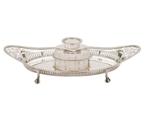 An Edward VII silver inkstand, maker Goldsmiths and Silversmiths Co Ltd, London, 1906: of oval outline with pierced gallery a