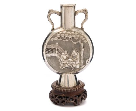 A Chinese silver miniature moon flask, maker GW: decorated with figures in a garden veranda with loop carrying handles, raise