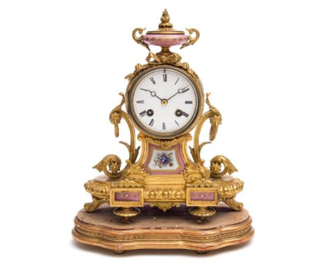 Japy Frères à Paris for Victor Reclus, a gilt-metal and porcelain mantel clock: the eight-day duration movement striking the 