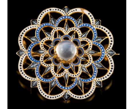 Giuliano. A late 19th century enamelled gold and moonstone circular brooch: the central circular moonstone approximately 6mm 