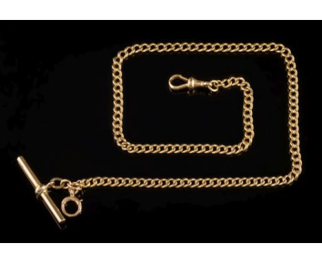An 18ct gold curb-link watch chain: with swivel and bar, a brass jump ring and 9ct gold bolt ring, 32gms gross weight.