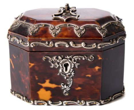 An Edward VII blonde tortoiseshell and silver mounted tea caddy maker Martin Hall & Co, Sheffield, 1903: of octagonal form wi