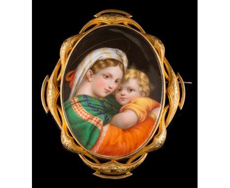 A Meissen porcelain oval portrait brooch depicting the 'Madonna and Child': the oval porcelain panel approximately 64mm long 