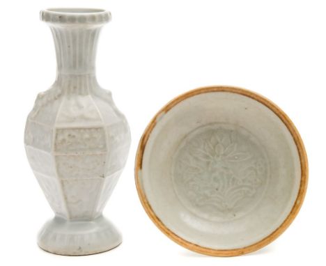 A small Chinese stoneware vase and a similar bowl: both covered with a pale bluish glaze, the vase of hexagonal form with myt