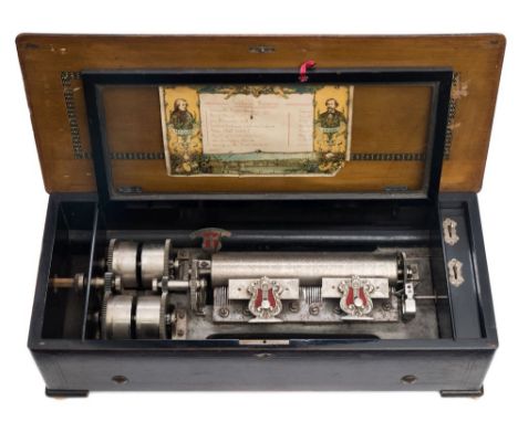 A late 19th century Swiss Sublime Harmony musical box: playing eight airs, gamme No 45885, the 27cm. steel cylinder with hand