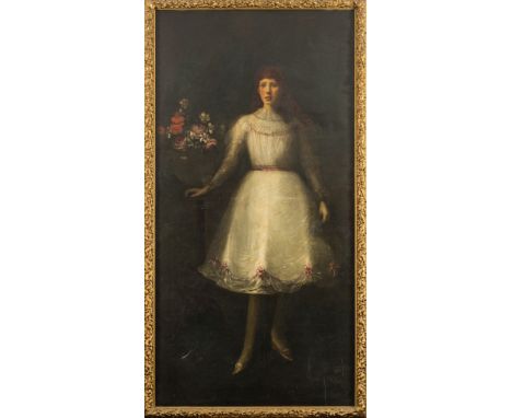 British School 19/20th Century-A portrait of a young lady standing beside an urn of flowers:-oil on canvas178 x 89.5cm