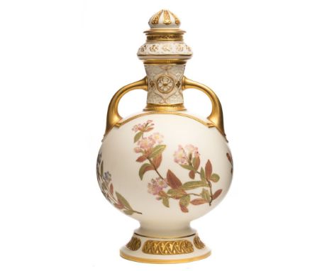 A Worcester porcelain two-handled bottle vase and cover: decorated with flowers on an ivory ground with gilt embellishment, p