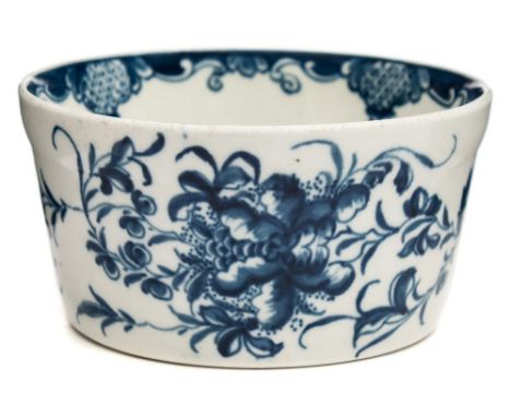 A First Period Worcester porcelain potted meat tub: of circular mildly tapering form with reinforced rim painted in blue in t