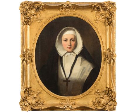 English School 19th Century - Portrait of a nun:-oil on canvasoval, 75 x 62cm, in an ornate gilt-gesso frame.