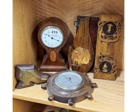 An Edwardian inlaid mantle clock with an oak barometer and other items.