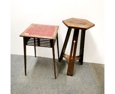 Two oak Arts and Crafts side tables/plant stands, one tile topped. Tiles loose, largest 69 x 37.5cm.