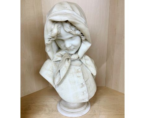 A large 19thC carved marble bust of a girl wearing a scarf, H. 51cm,&nbsp;signed Fiaschi.
