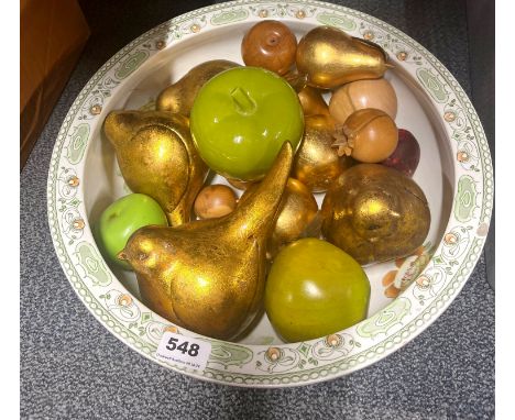 A large antique ceramic bowl with a group of gilt ceramic birds and other items, bowl dia. 41cm.