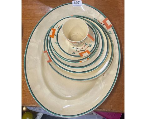 A quantity of Clarice Cliff Bizarre pattern china, meat plate A/F.