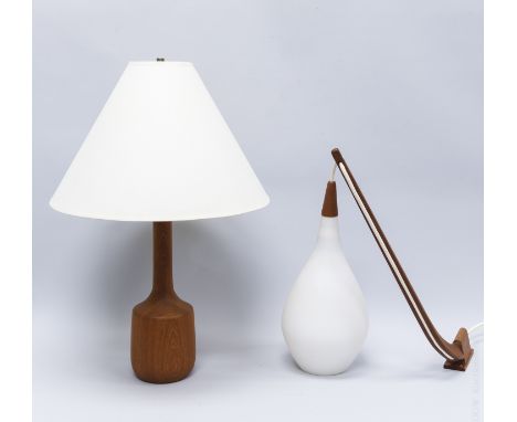 Modernist teak hanging lamp and a table lamp, with glass and linen shades. (Table lamp: 27" tall overall).