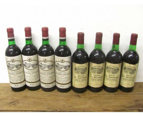 Four bottles Chateau La Jarousse Bordeaux Superior 1970, along with four bottles of Chateau Chasse-Spleen Haut Medoc 1977
