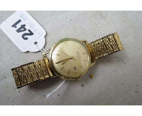 Junghans automatic chronometer 14ct gold cased gents wrist watch, yellow coloured dial with gold batons and hands, date apert