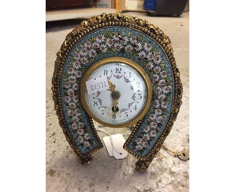 A Victorian micro mosaic and gilt metal strut dressing table clock in the form of a horseshoe (with key)