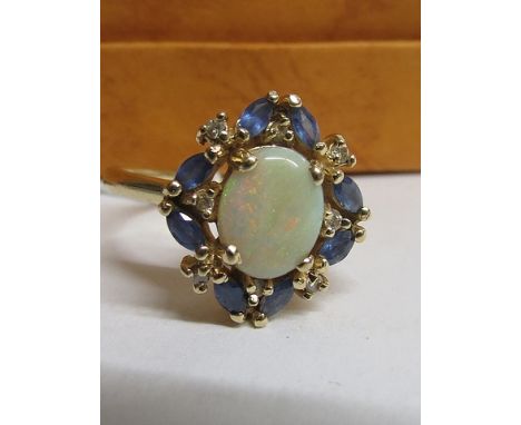 A 14ct yellow gold opal and sapphire cluster ring