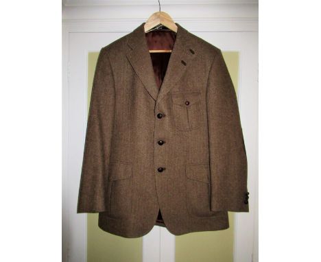 Daks herringbone brown tweed shooting jacket with patch pockets, size UK 40 