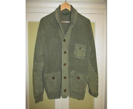 Orvis Gents khaki green cotton cardigan with three patch pockets, and suede elbow patches, size L 