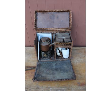 Drews' Patent "En Route" tea basket containing spirit kettle, three chromed tins with enamel liners, etc 