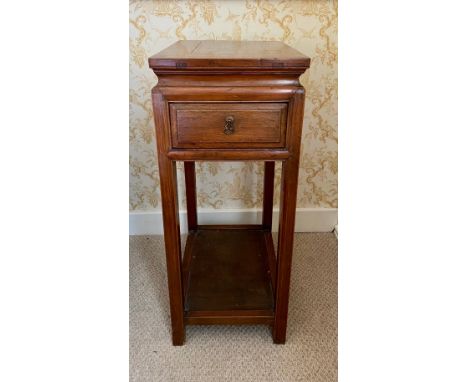 Chinese hardwood side table, rectangular top with panelled frieze on square supports joined by a platformed under tier, W39cm