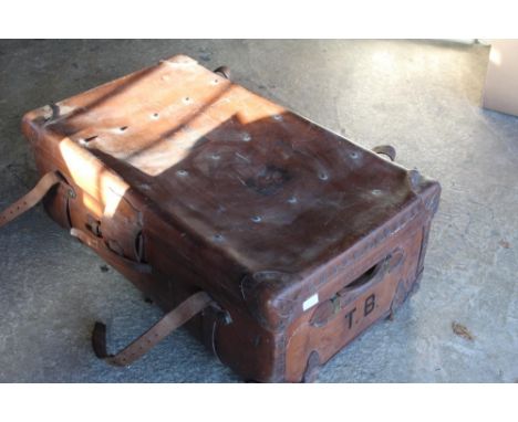 Vintage large Finnigan's of Manchester brown leather travel trunk with brass studded reinforced corners, two side handles, br