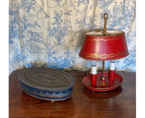 Regency style red toleware oval bouillotte two light candle lamp, W30cm H40cm, and a blue toleware oval jardinere, (2) 