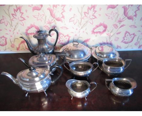 Geo.III style EPNS three-piece tea service, another with gadrooned borders, an entree dish and a serving dish, (9) 