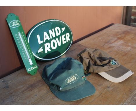 Land Rover green oval wall art sign 36cm x 21cm, Land Rover service thermometer H30cm, Land Rover 1948-2008 baseball cap, ano