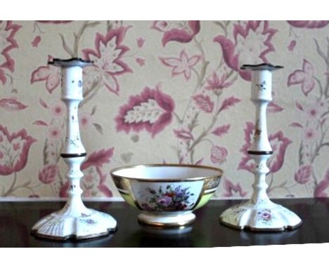 Pair of Staffordshire type enamel candlesticks, decorated with foliage on white ground, fluted octagonal bases H24cm (A/F), C