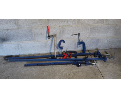 Set of three sash clamps, G clamp, mole clamp, etc 