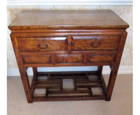 Chinese figured wood rectangular side table, with moulded top and two panel drawers with loop handles, on square tapered supp